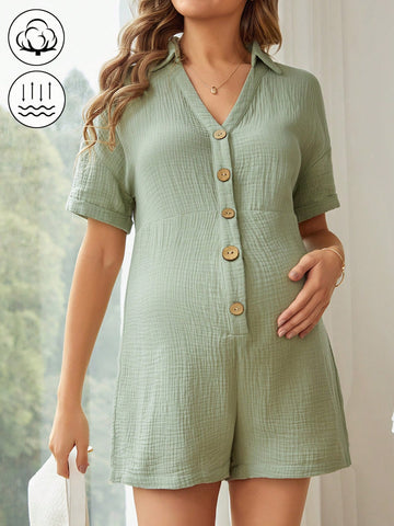 Maternity Loose Short Jumpsuit With Shirt Collar For Casual And Lazy Summer Days