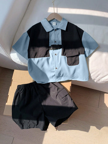 Young Boy 2-Piece Casual And Comfortable Outfit, Simple And Versatile, Soft And Loose, With Contrast Color Patch Pockets And Book Bag Buckles With Woven Tape Decorations, Breathable And Comfortable Short-Sleeved Shirt And Shorts Set, Suitable For Spring A