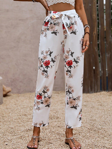 Holiday Flower Print Casual Tapered Pants Beach