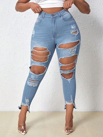 Plus Size Ripped Fringed Edge Fashionable Daily Wear Jeans