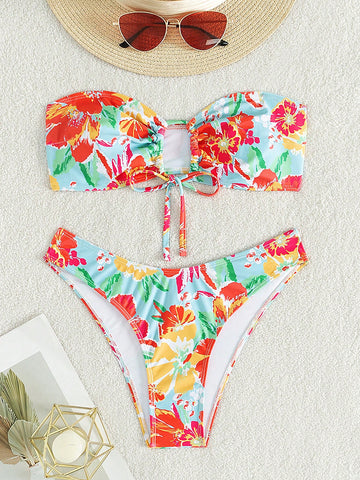Ladies" Floral Printed Bandeau Tie Bikini Set For Vacation With Random Pattern