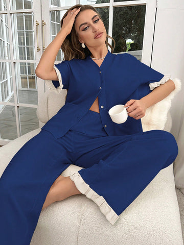 Women Color Block Short Sleeve Shirt And Long Pants Pajama Set With Ruffled Edges For Spring And Summer