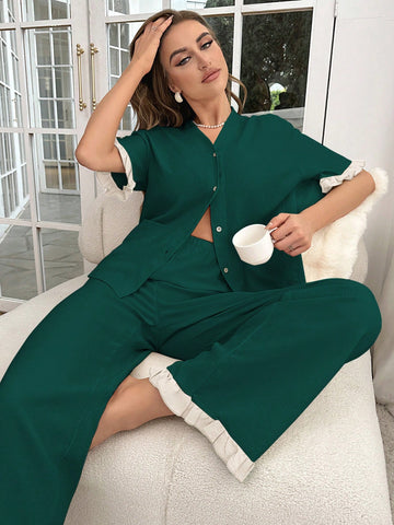 Women Short Sleeve Colorblock Ruffle Edge Shirt And Long Pants Spring/Summer Pajama Set