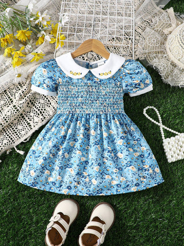 Baby Girls" Short Sleeve Doll Collar A-Line Dress For Fashionable Daily Wear