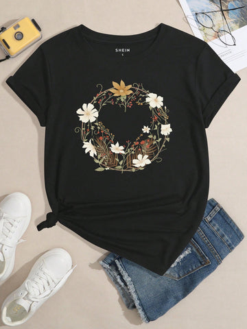 Women Floral Vine Print Short Sleeve T-Shirt For Summer