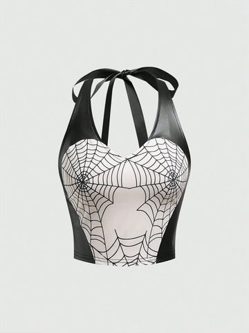 Women Spider Web Print Splice Halter Neck Fashion Music Festival Tank Top