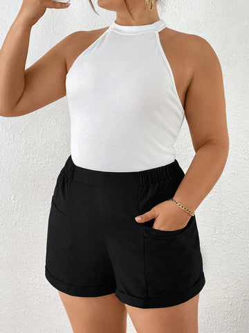 Plus Size Women's Spring And Summer Clothing Camisole Knitted Vest And Pocket Shorts 2-Piece Set