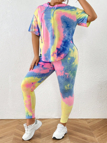 Plus Size Women's Fashionable Casual Versatile Spring And Summer Women's Clothing New Music Festival Clothing Tie-Dye Colorful Fabric Hooded T-Shirt Leggings 2-Piece Set