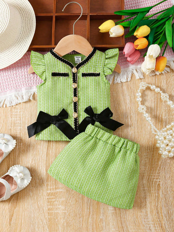 Baby Girls' Fashionable & Comfortable Noble Style Butterfly Sleeve Cardigan With Ribbon Decoration And Elastic Waistband Skirt Set