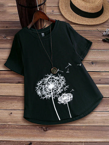 Plus Size Women's Dandelion Printed Short Sleeve T-Shirt