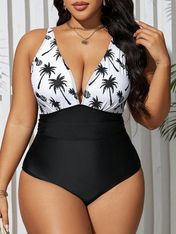 Plus Size Full Print One-Piece Swimsuit