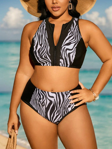 Plus Size Fashionable Swimwear Set With Zebra Pattern, Print And Zipper Design