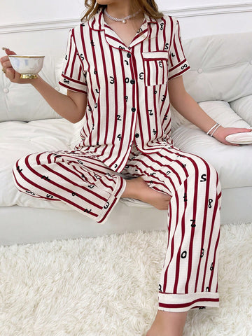 Ladies' Striped Printed Casual Spring/Summer Top And Pants Pajama Set