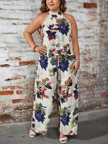 Plus Size Women Tropical Plant Print Halter Neck Loose Fit Top And Wide Leg Pants Set For Summer Vacation Style