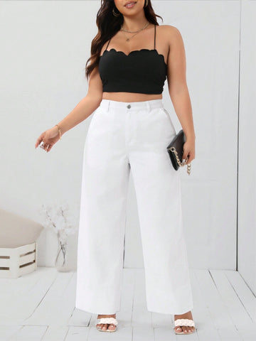 Plus Size Women's Loose Fit High-Waisted Wide-Leg Jeans With Pockets