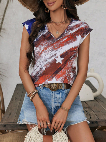 Spring/Summer American Independence Day Flag Print Casual Comfortable Stretchy Basic Women V-Neck T-Shirt
