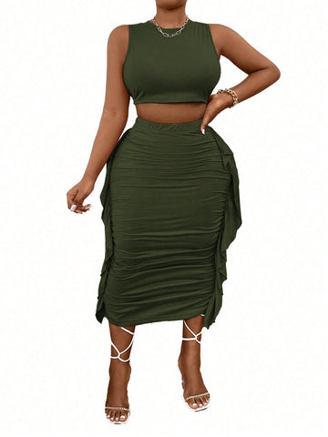 Plus Size Solid Color Sleeveless Top & Ruffled Pleated Skirt Set