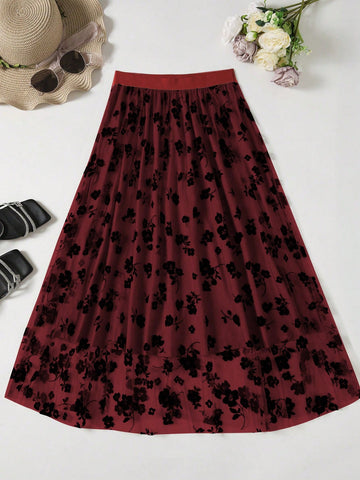 Plus Size Women Fashionable Flower Print Skirt