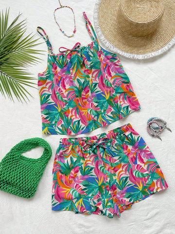 Wywh Women Vacation 2-Piece Set, Front Bowknot Decor Strap Tank Top, Tropical Print Shorts Short Sets Summer