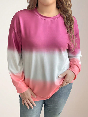 Plus Size Knit Round Neck Color Gradient Casual Sports Sweatshirt