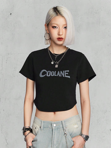 Street Style Spring/Summer Outfit Letter Print Short Slim Tee With Curved Hem