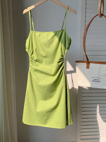 Green Jacquard Cami Cut-Out Waist Women's Midi Dress