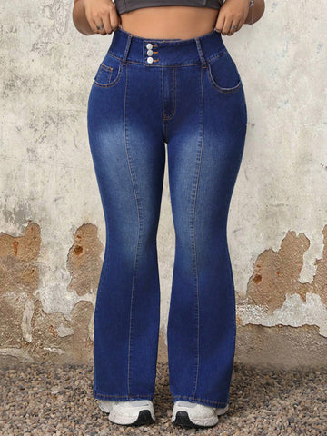 Plus Size Water Washed Flared Jeans With Slant Pockets And Button Fly, Casual And Versatile
