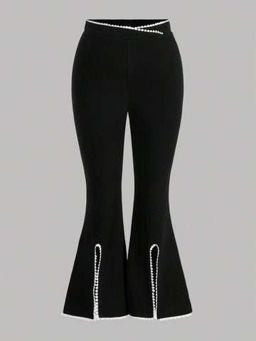 Elegant Plus Size Black And White High Waist Flared Pants With Slit For Women