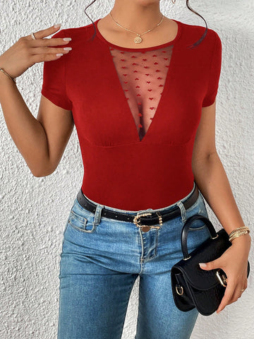 Women Fashion Solid Color Mesh Perspectivity Short Sleeve T-Shirt