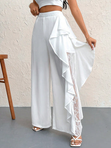 Fashionable Wide Leg Pants With Spliced Lace Ruffle Trim And Decorative Edge