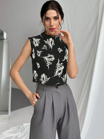 Pleated Floral Printed Elegant Women Stand Collar Sleeveless Blouse