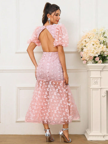 Women Pink Short Bubble Sleeves 3D Butterfly Open Back Elegant Mermaid Cocktail Party Dress