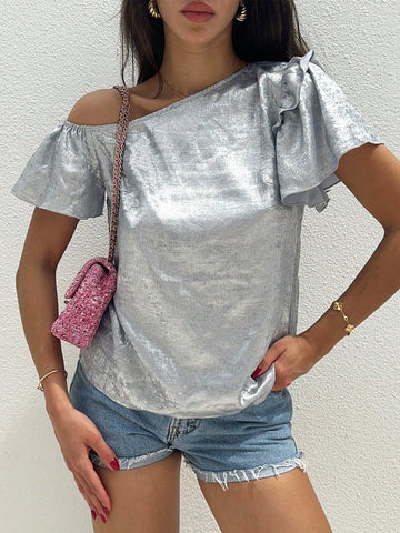 Women's Silver Metallic Cold Shoulder Shirt With Ruffle Trim, Casual Or Vacation Wear For Summer