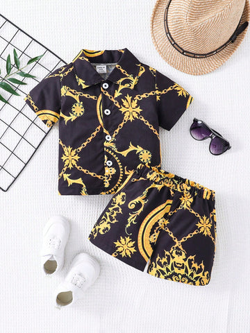 Baby Boy Chain Print Button-Front Short Sleeve Shirt And Shorts Summer Casual 2 Piece Set