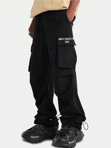 Men Casual Cargo Pants With Slogan Print And Pockets