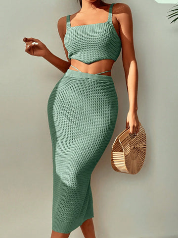 Knit Solid Color Cropped Vest And Cover-Up Skirt For Summer Beach Holiday