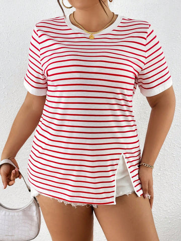 Plus Size Women's Fashion Casual Street Photography Spring And Summer Women's Striped Contrasting Black Edge Slit Short-Sleeved T-Shirt