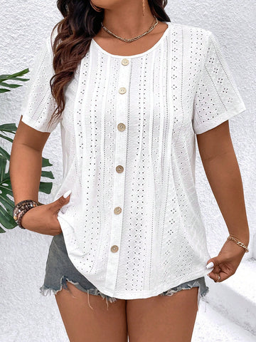 Plus Size Hollow Out Embroidery Button Decoration Round Neck Summer Casual T-Shirt