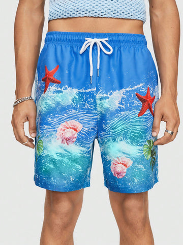 Starfish Print Drawstring Casual Shorts For Summer