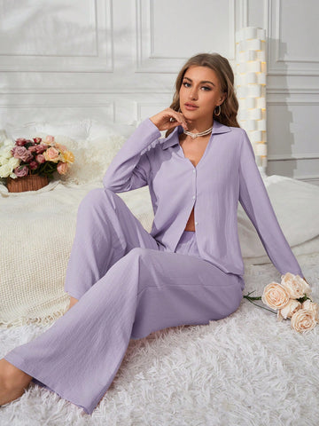 Women Pure Color Long Sleeve Lapel Collar Long Pants Pajama Set For Valentine Day