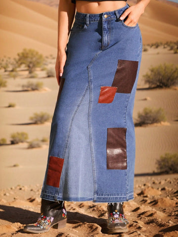 Women's Patchwork Printed Denim Skirt With Pockets