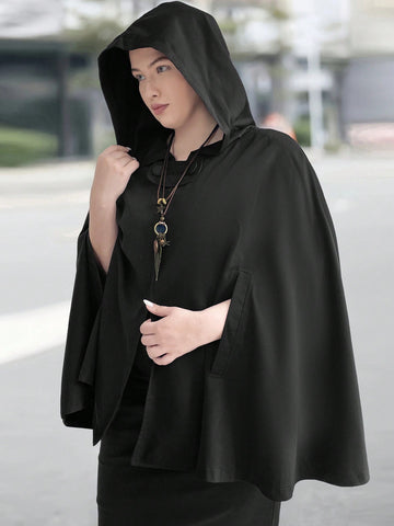 Solid Color Hooded Cape Style Plus Size Coat