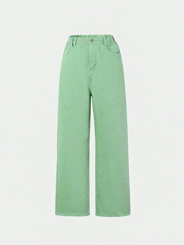 Basic And Versatile Raw Hem 9/10 Length Straight-Leg Jeans With Mint Green Elastic Waistband For Tween Girls