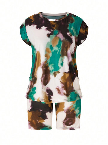 Plus Size Round Neck Tie-Dye Top And Shorts Set