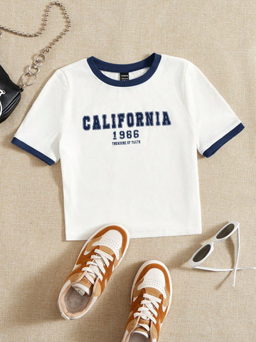 White Retro Letter Print Color Block Trim Casual Short Sleeve T-Shirt For Spring And Summer