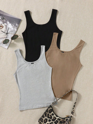 Women 3-Piece Set Of Solid Color Casual And Simple Knitted Tank Tops