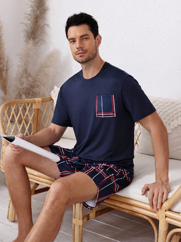 Men Simple Print Short Sleeve And Shorts Homewear Set