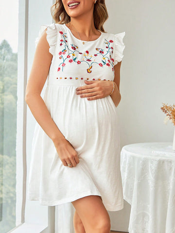 Maternity Summer Casual City Round Neck Lotus Leaf Trim Short Sleeve Floral Embroidery Mini Maternity Dress