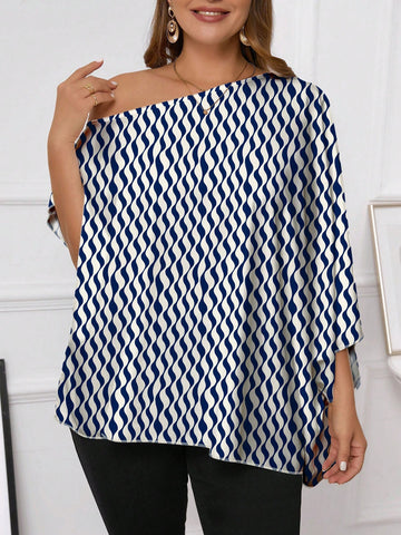 Plus Size Irregular Shoulder Printed Blouse With Full Length