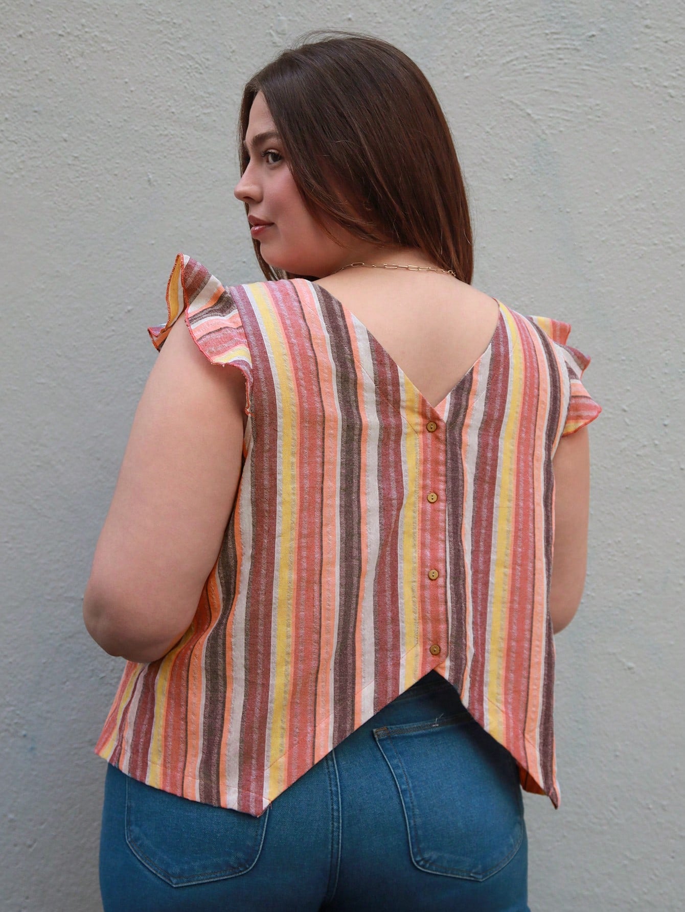 Plus-Size Summer Striped Color Block Back Button Short Sleeve Blouse